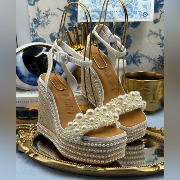 🆕 GIANNI BINI 🧿 NWOB Savanna Pearl Ornamented Platform Wedge Sandals, Sz 6.5 - Picture 5 of 16